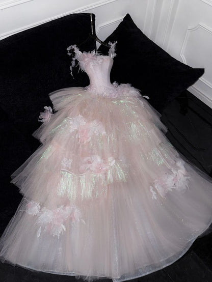 Sweet Ball Gown Spaghetti Straps Pink Tulle Applique Long Prom Dress,Formal Dress C5864