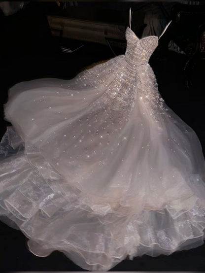 Pretty Ball Gown Spaghetti Straps Chiffon Sequin Long Prom Dress,Formal Dress C5865