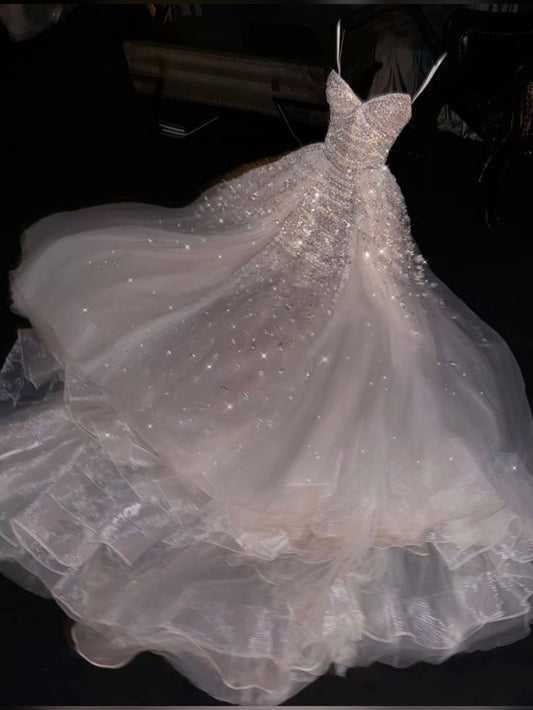Pretty Ball Gown Spaghetti Straps Chiffon Sequin Long Prom Dress,Formal Dress C5865