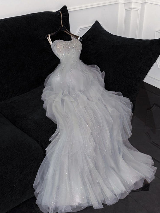 Princess Ball Gown Spaghetti Straps Tulle Sequin Long Prom Dress,Formal Dress C5866