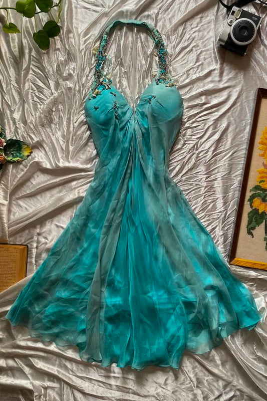 Chic A Line Halter Chiffon Short Homecoming Dress 19th Birthday Outfits C5867