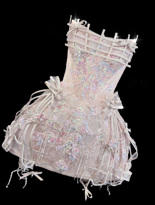 Sweet 16th Pink A Line Strapless Satin Sequin Short Homecoming Dress Birthday Outfits C5874
