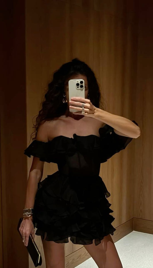 Lovely A Line Off The Shoulder Black Chiffon Short Homecoming Dress 18th Birthday Outfits C5878