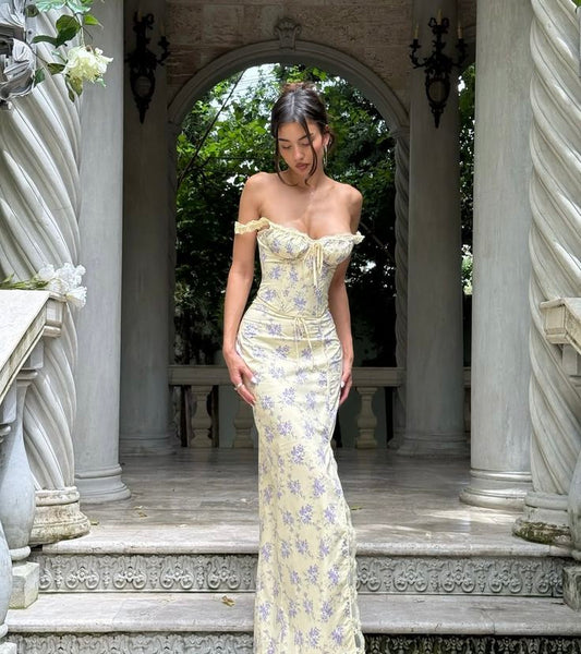 Charming Mermaid Off The Shoulder Printed Satin Long Prom Dress,Formal Dress C5891