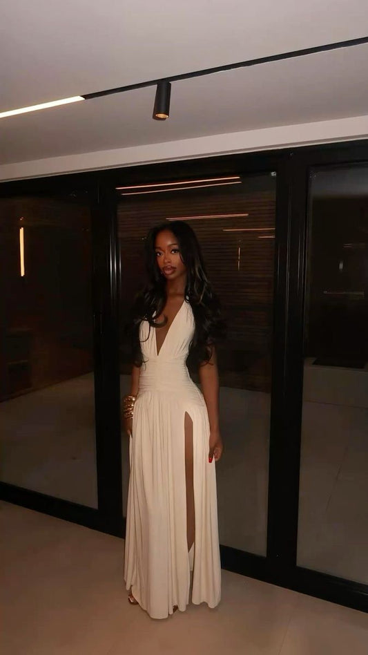 Sexy A Line V Neck Satin Slit Long Prom Dress,Formal Dress C5892