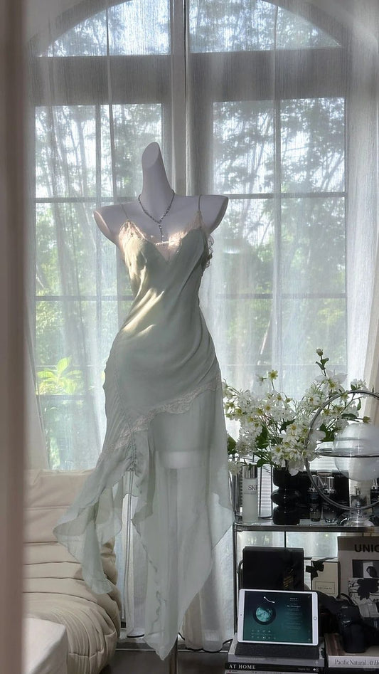 Elegant Mermaid Spaghetti Straps Chiffon Lace Long Prom Dress,Formal Dress C5894
