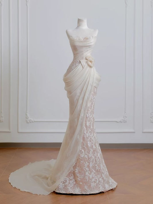 Fairy Mermaid Strapless Chiffon Lace Long Prom Dress,Formal Dress C5895