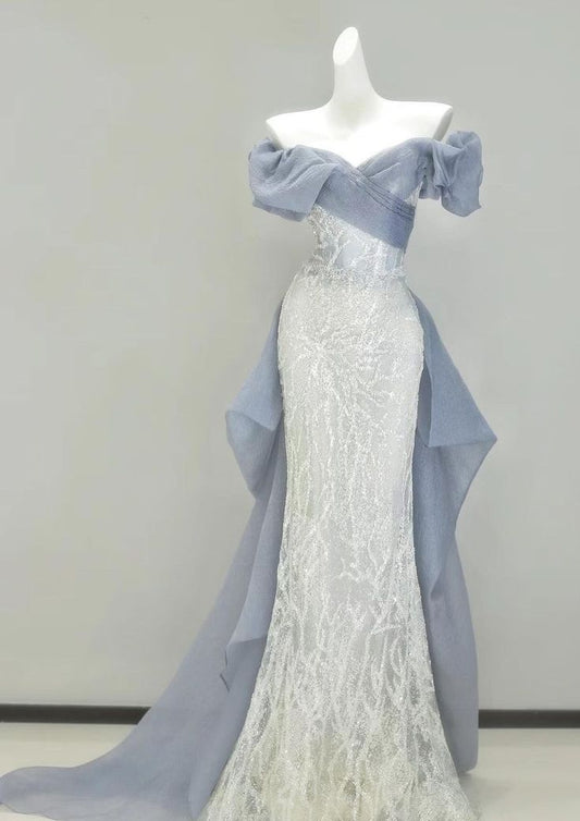 Glitter Mermaid Off The Shoulder Chiffon Sequin Long Prom Dress,Formal Dress C5897