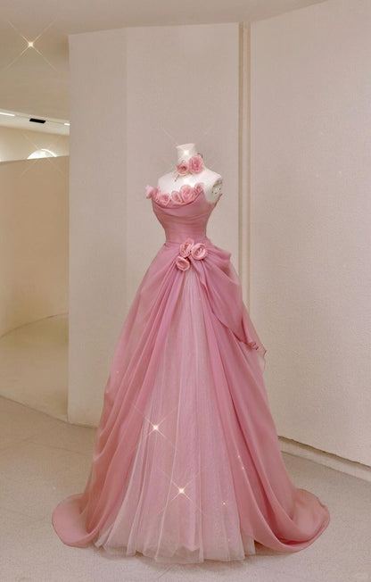 Princess Ball Gown Strapless Chiffon Tulle With Flowers Long Prom Dress,Formal Dress C5898
