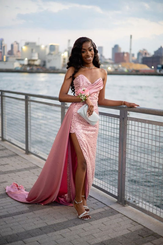 Shiny Mermaid Sweetheart Satin Sequin Slit Long Prom Dress,Formal Dress C5899