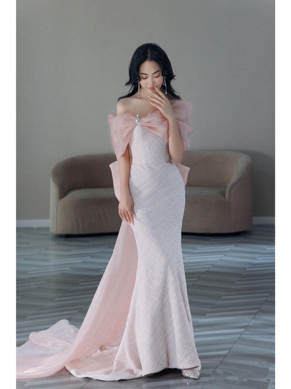Pretty Mermaid Strapless Pink Sequin Long Evening Dress Prom Dresses With Bow C3450