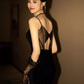Robes de bal noires sexy sirène bretelles spaghetti C58