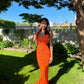 Orange Mermaid Spaghetti Straps Satin Lace Long Prom Dress,Formal Dress C5900