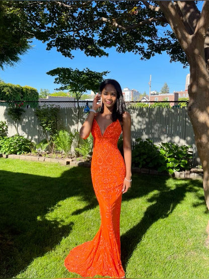 Orange Mermaid Spaghetti Straps Satin Lace Long Prom Dress,Formal Dress C5900