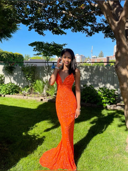 Orange Mermaid Spaghetti Straps Satin Lace Long Prom Dress,Formal Dress C5900