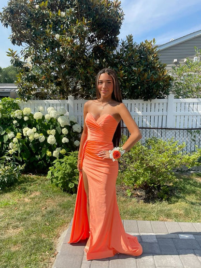Pastel Orange Mermaid Sweetheart Satin Pleated Slit Long Prom Dress,Formal Dress C5901