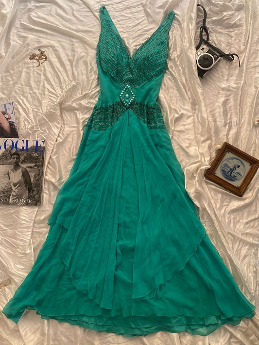 Elegant A Line V Neck Chiffon Beads Long Prom Dress,Formal Dress C5903