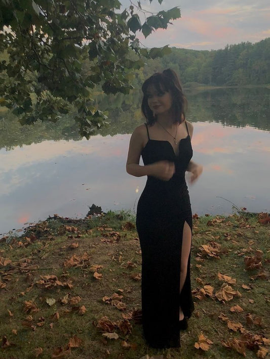 Chic Mermaid Spaghetti Straps Black Satin Slit Long Prom Dress,Formal Dress C5906