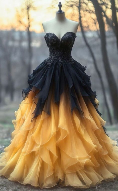 Chic Black and Yellow Gradient Ball Gown Sweetheart Chiffon Long Prom Dress,Formal Dress C5909