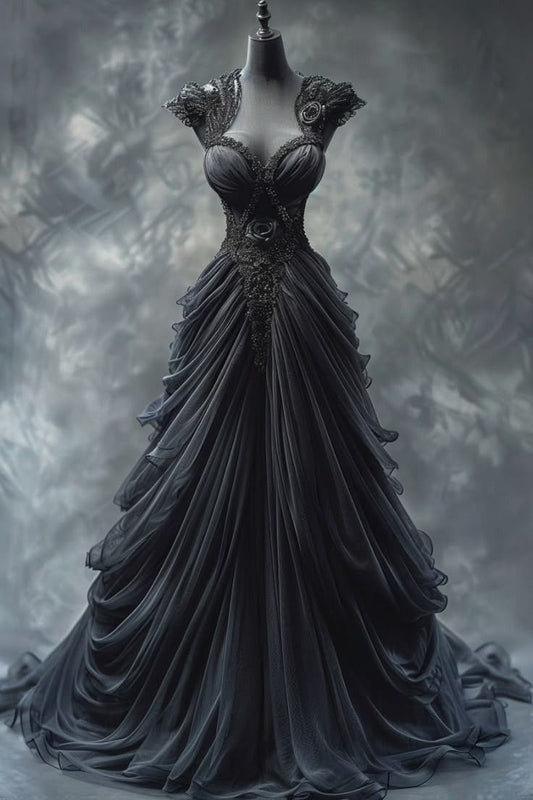 Special Black Ball Gown Sweetheart Chiffon Lace Long Prom Dress,Formal Dress C5911