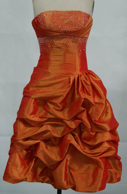 Vintage A Line Orange Strapless Pleated Satin Beads Short Homecoming Dress 18th Birthday Outfits C5925