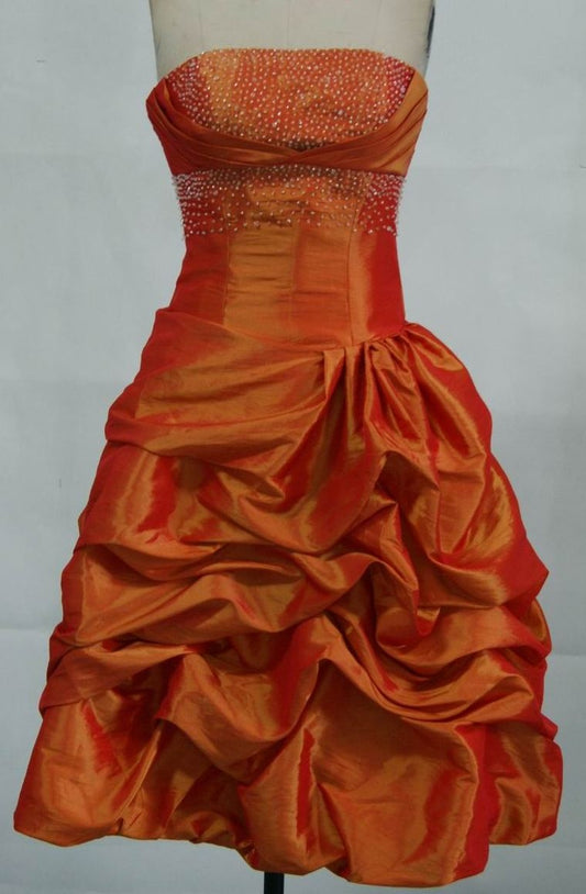 Vintage A Line Orange Strapless Pleated Satin Beads Short Homecoming Dress 18th Birthday Outfits C5925