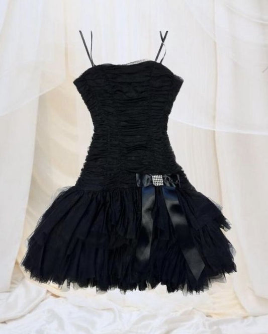 Cute Black A Line Spaghetti Straps Satin Tulle Short Homecoming Dress 16th Birthday Outfits C5931
