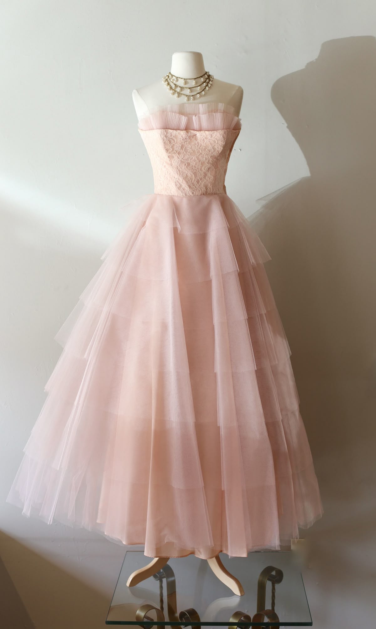 Eelgant A Line Strapless Layer Tulle Lace Long Prom Dress,Formal Dress C5935