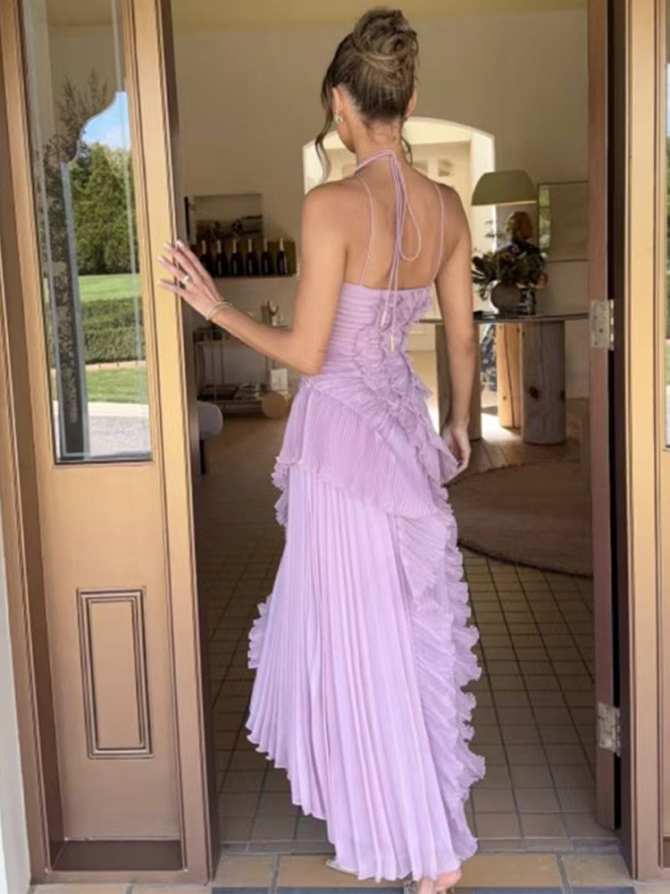 Unique Lilac A Line Halter Pleated Satin Long Prom Dress,Formal Dress C5939