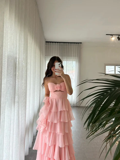 Pretty A Line Strapless Layer Chiffon Long Prom Dress,Formal Dress C5941
