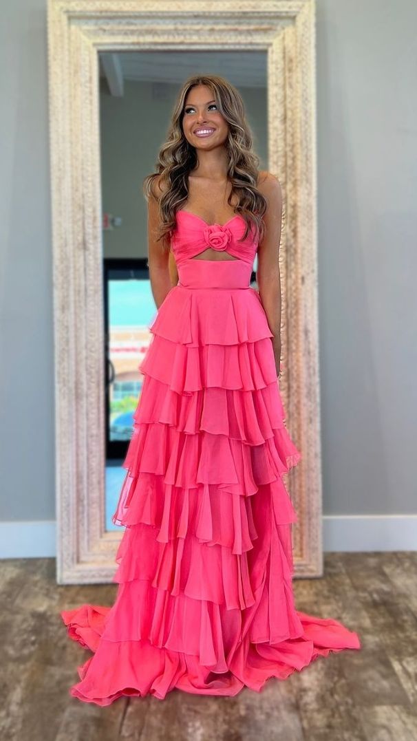 Pretty A Line Strapless Layer Chiffon Long Prom Dress,Formal Dress C5941