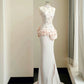 Mandarin Neckline Modest Mermaid Satin Lace Long Prom Dress,Formal Dress C5943