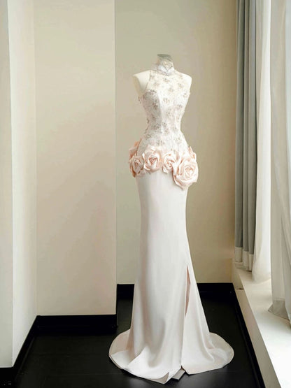 Mandarin Neckline Modest Mermaid Satin Lace Long Prom Dress,Formal Dress C5943