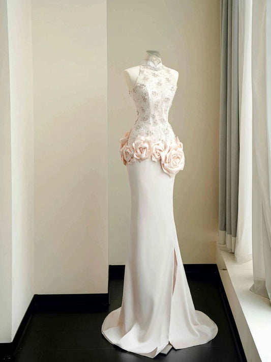 Mandarin Neckline Modest Mermaid Satin Lace Long Prom Dress,Formal Dress C5943