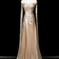 Champagne Classy Mermaid Strapless Pleated Satin With Scarf Long Prom Dress,Formal Dress C5944