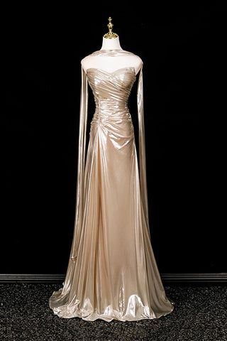 Champagne Classy Mermaid Strapless Pleated Satin With Scarf Long Prom Dress,Formal Dress C5944