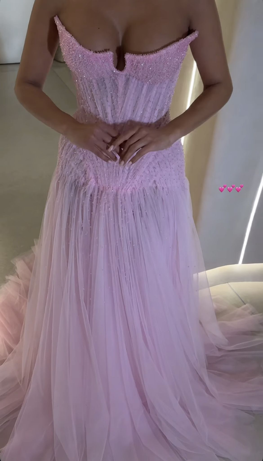 Shiny Pink Strapless A Line Tulle Beads Long Prom Dress,Formal Dress C5945