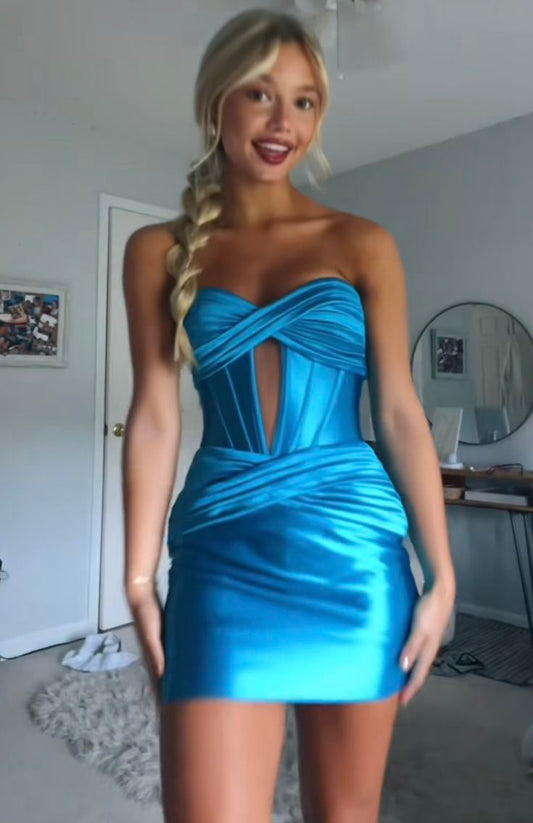 Classy Blue Mermaid Sweetheart Pleated Satin Short Homecoming Dress 20th Birthday Outfits C5949