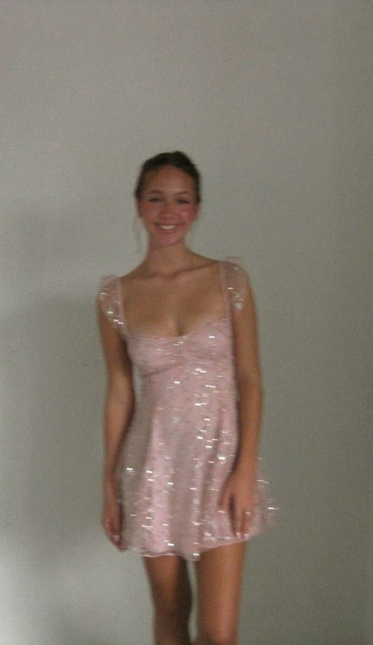 Sparkly Pink A Line Spaghetti Straps Tulle Sequin Short Homecoming Dress 19th Birthday Outfits C5960