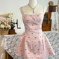 Cute Printed Bow Pink Satin A Line Spaghetti Straps Short Homecoming Dress 18th Birthday Outfits C5964