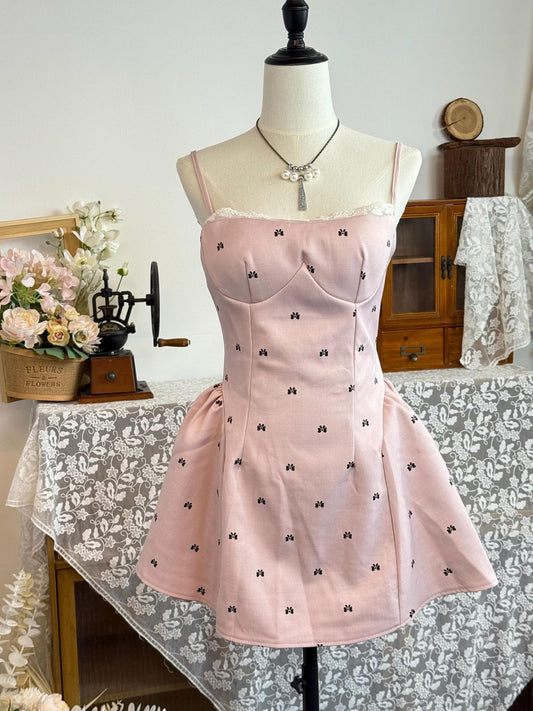 Cute Printed Bow Pink Satin A Line Spaghetti Straps Short Homecoming Dress 18th Birthday Outfits C5964