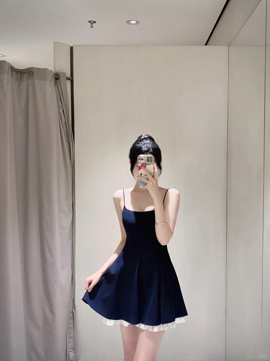Navy Elegant A Line Spaghetti Straps Satin Short Homecoming Dress 17th Birthday Outfits C5968