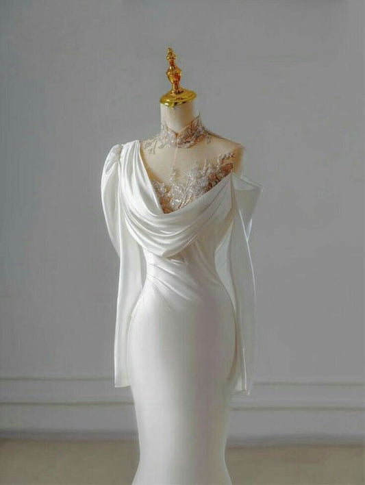 Vintage Mermaid High Neckline Long Sleeves Satin Lace Long White Wedding Dresses C598