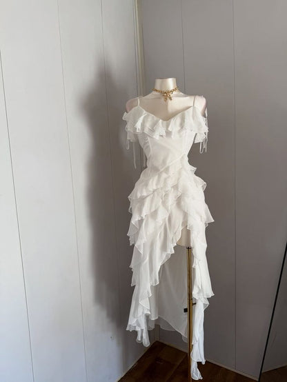 Pretty Mermaid Spaghetti Straps Layer Ruffle Chiffon Slit Long Prom Dress,Formal Dress C5983