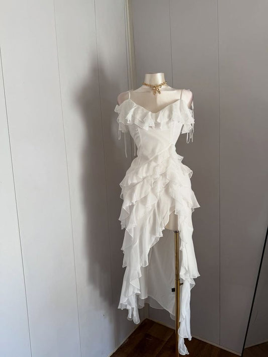Pretty Mermaid Spaghetti Straps Layer Ruffle Chiffon Slit Long Prom Dress,Formal Dress C5983