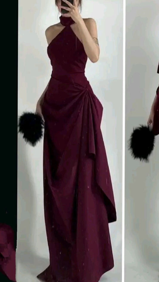 Chic A Line Halter Satin Pleated Long Prom Dress,Formal Dress C5986