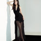 Sexy Mermaid Halter Black Satin Tulle Backless Long Prom Dress,Formal Dress C5987