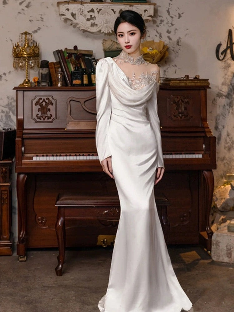Vintage Mermaid High Neckline Long Sleeves Satin Lace Long White Wedding Dresses C598