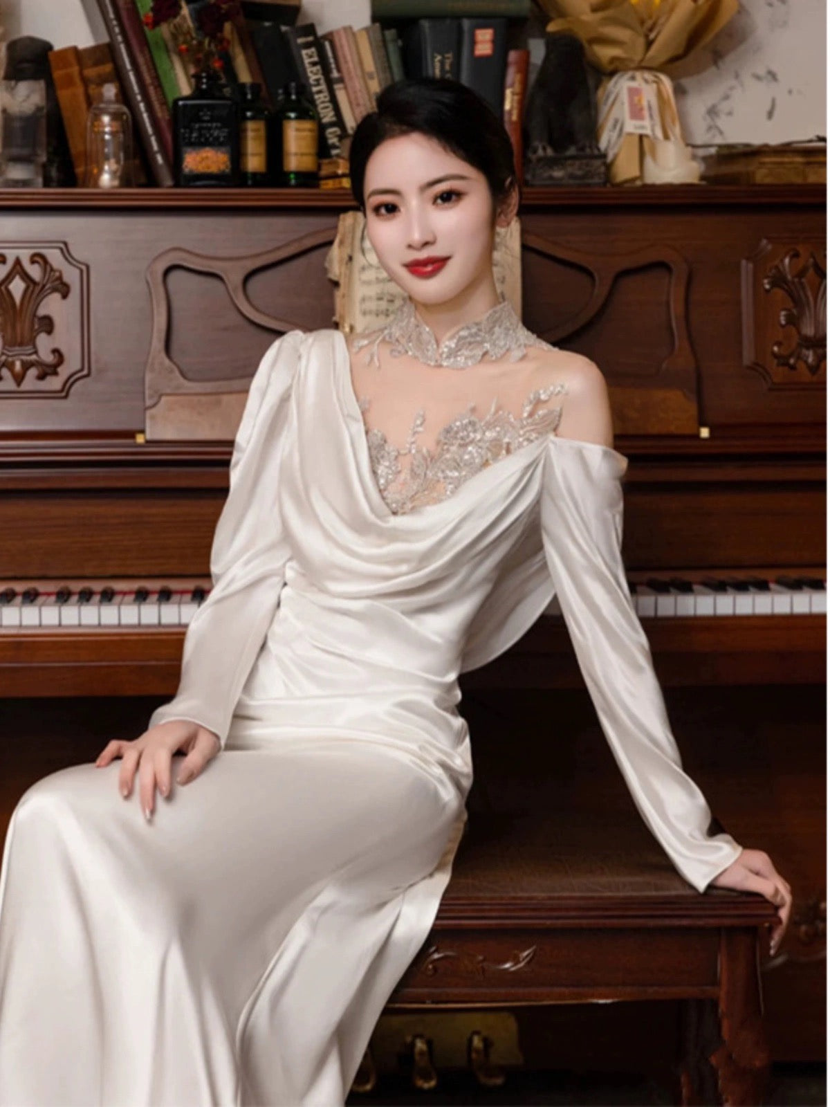 Vintage Mermaid High Neckline Long Sleeves Satin Lace Long White Wedding Dresses C598