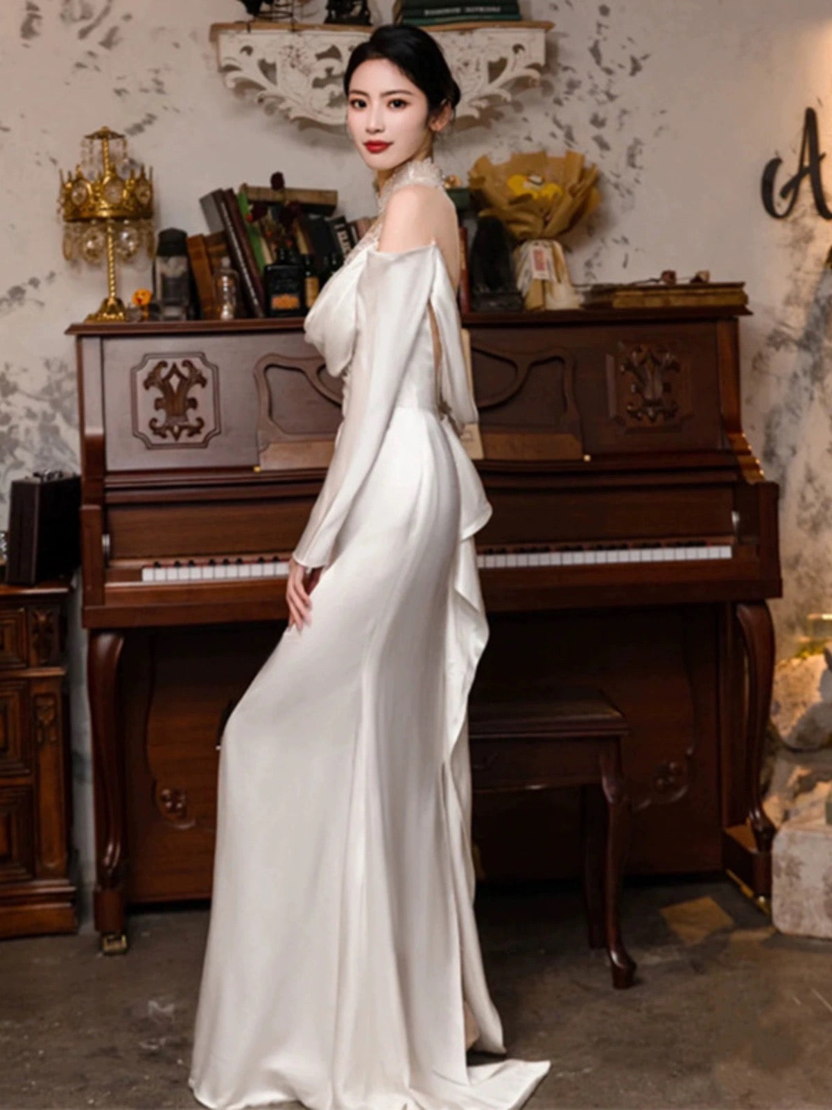 Vintage Mermaid High Neckline Long Sleeves Satin Lace Long White Wedding Dresses C598